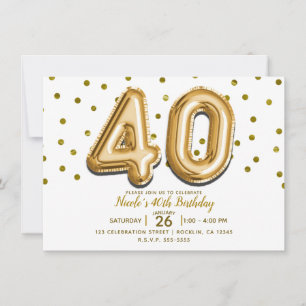 40 Gold Balloons & Confetti 40th Birthday Party Invitation