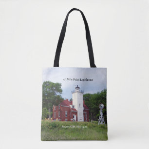 40 Mile Point Lighthouse all over tote bag