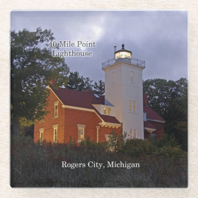 40 Mile Point Lighthouse dusk glass coaster (Front)