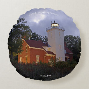 40 Mile Point Lighthouse dusk round pillow