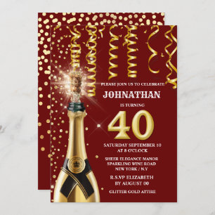 40 milestone sparkling wine burgundy gold glitter invitation