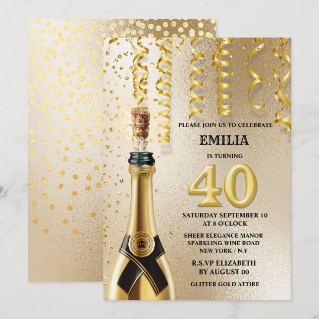 40 milestone sparkling wine faux gold glitter invitation (Front/Back)