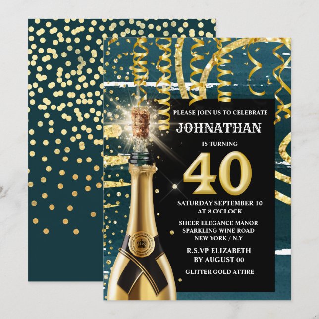 40 milestone sparkling wine gold blue glitter invitation (Front/Back)
