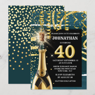 40 milestone sparkling wine gold blue glitter invitation