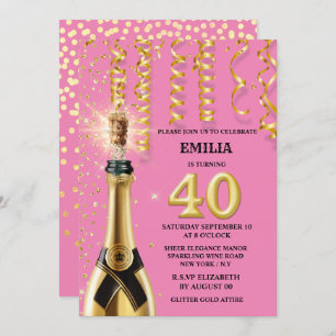 40 milestone sparkling wine pink black glitter invitation