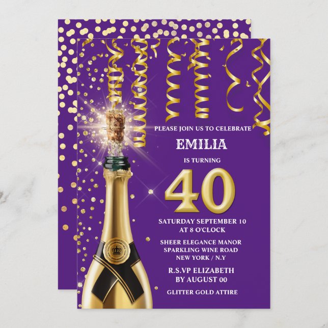 40 milestone sparkling wine purple gold glitter invitation (Front/Back)