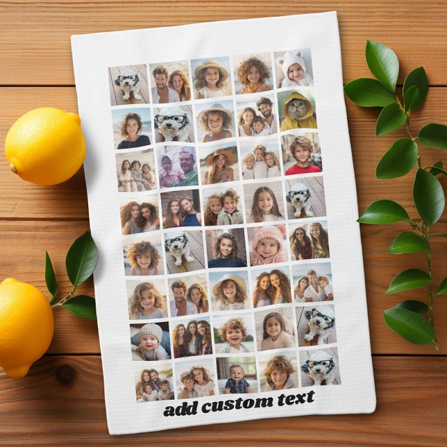 40 Photo Collage - 4 Rows 10 Columns - Script Name Tea Towel (Custom Kitchen Towel with Photo Collage)
