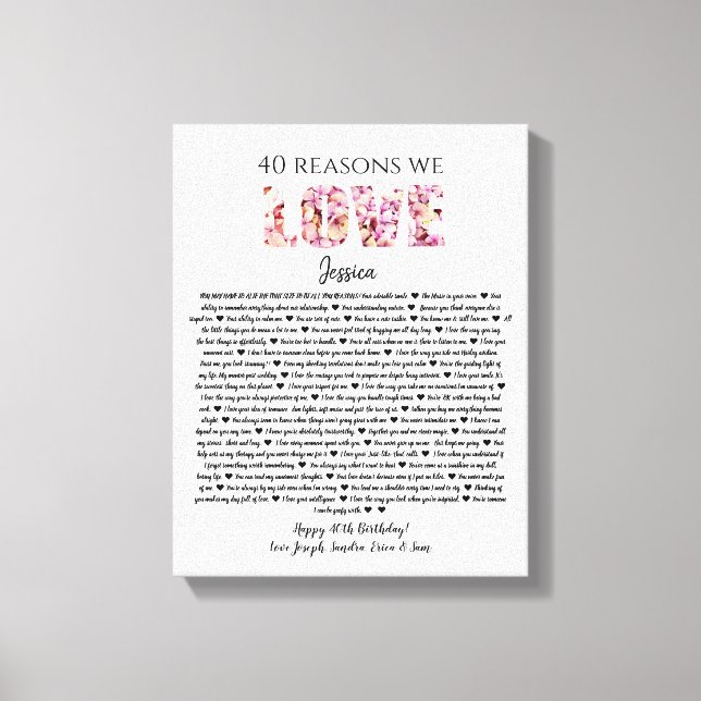 40 reasons we love you birthday gift mum sister canvas print (Front)