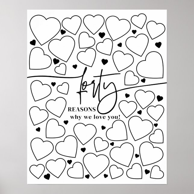 40 Reasons We Love You Hearts Birthday Keepsake Poster (Front)