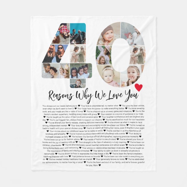 40 Reasons Why We Love You 40th Birthday Collage Fleece Blanket (Front)