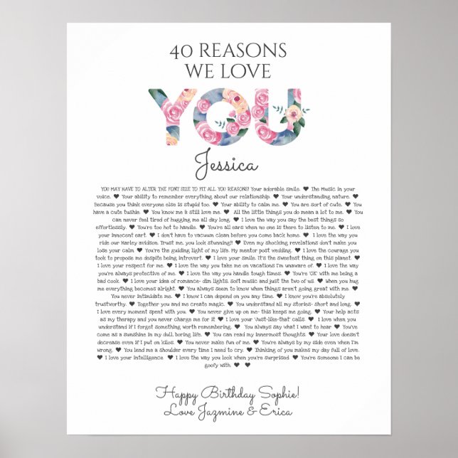 40 reasons why we love you pink blue floral poster (Front)