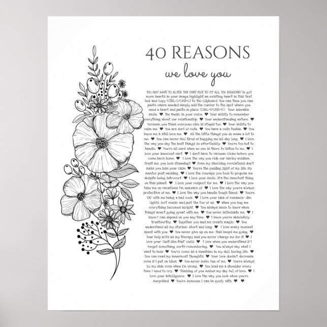 40 reasons why we love you tattoo style gift poster (Front)