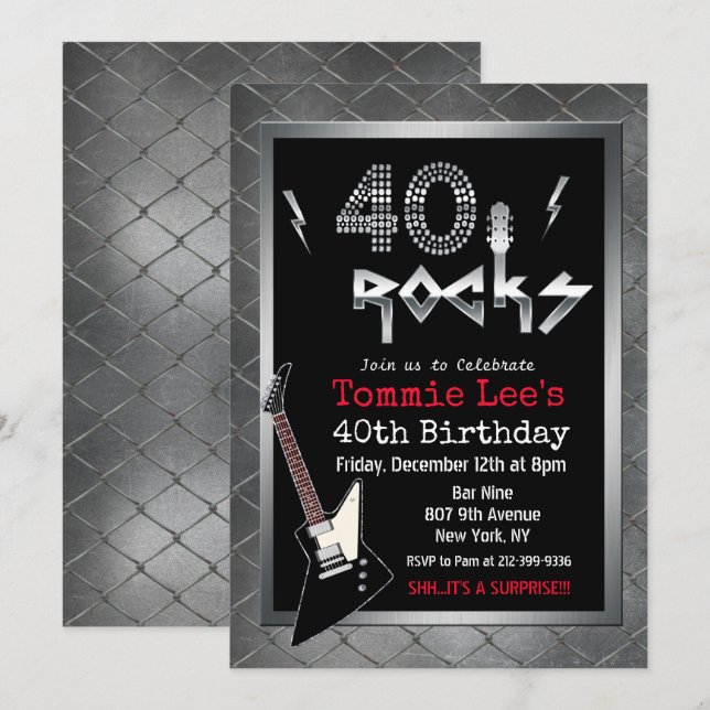 40 Rocks Rockstar Guitar 40th Birthday Invitation (Front/Back)