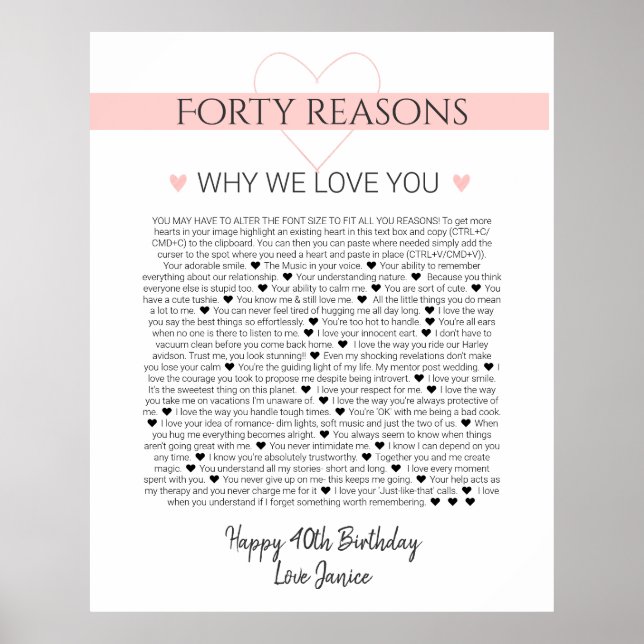 40 things I love about you anniversary birth Poste Poster (Front)
