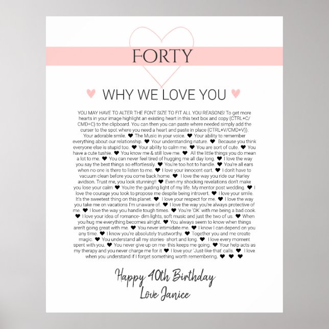 40 things I love about you anniversary birth Poste Poster (Front)