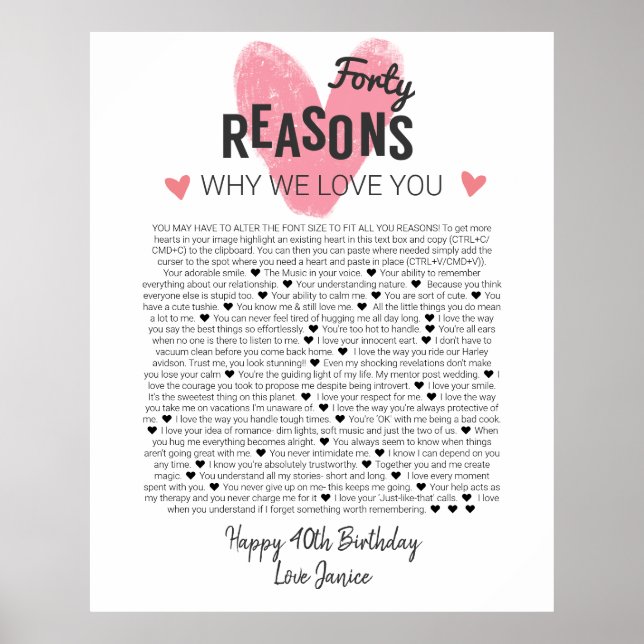 40 things I love about you anniversary birth Poster (Front)