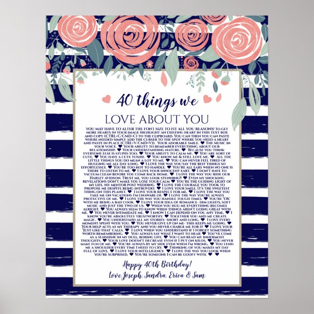 40 things we love about you navy stripes pink rose poster (Front)