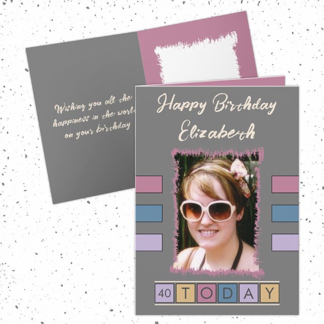 40 today add photo and name grey blue birthday card (Creator Uploaded)