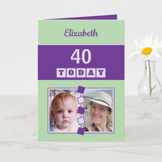 40 today Any Age 2 photo green purple birthday Card (Small Plant)