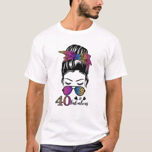 40 Years Old Fabulous Messy Bun Leopard 40Th Birth T-Shirt