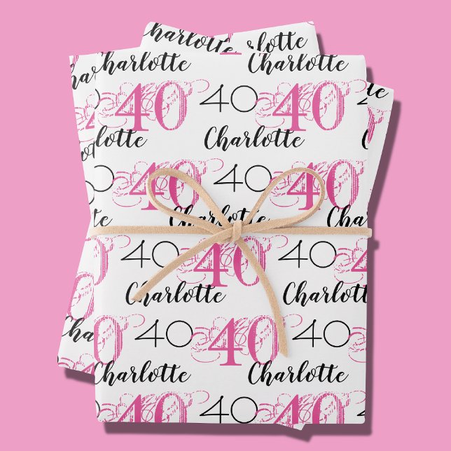 40 years pink 40th birthday Name Wrapping Paper (in-situ depiction of wrapping paper set)