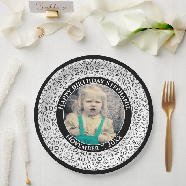 40 Your Photo Random Number Pattern Black/White Paper Plate (Wedding)