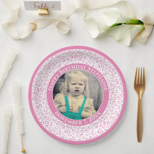 40 Your Photo Random Number Pattern Pink/White Paper Plate (Wedding)