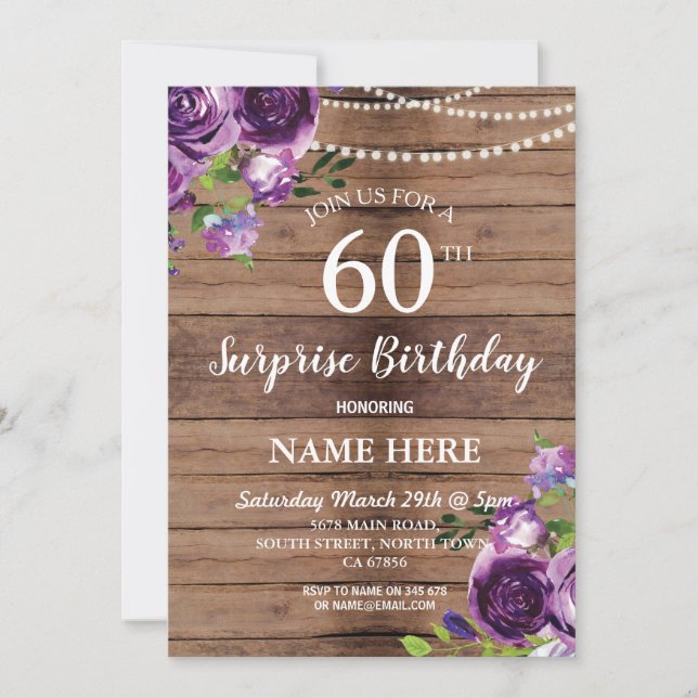 40th 50th 60 Surprise Birthday Party Purple Wood Invitation (Front)