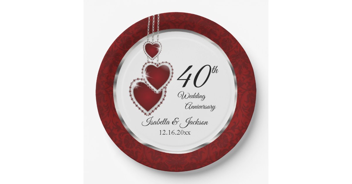 40th, 52nd or 80th Ruby Wedding Anniversary Paper Plate