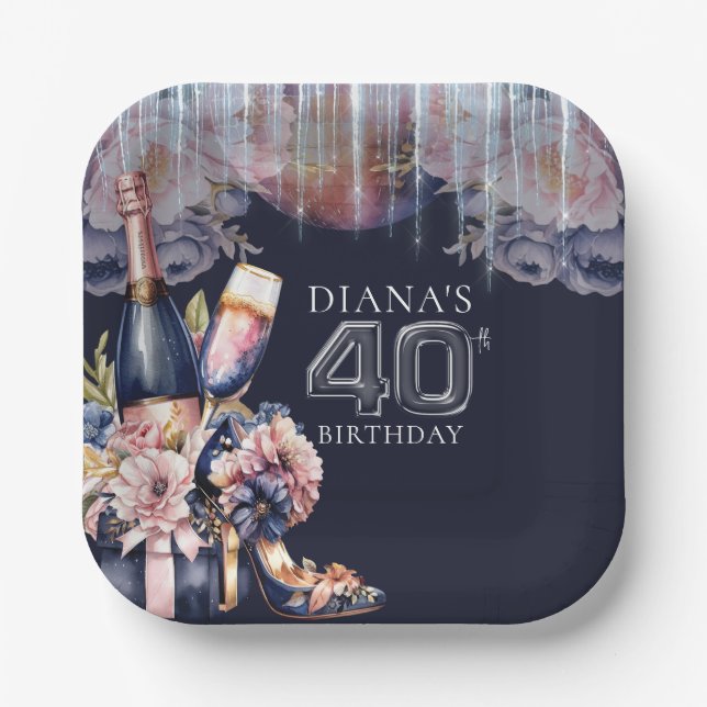 40th Adult Birthday Champagne Heels Paper Plate (Front)