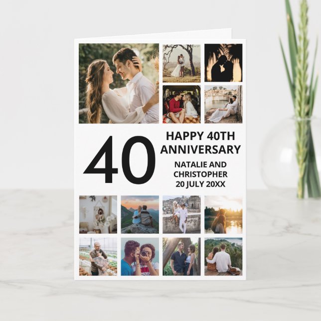 40th Anniversary 13 Photo Collage Black and White Card (Front)