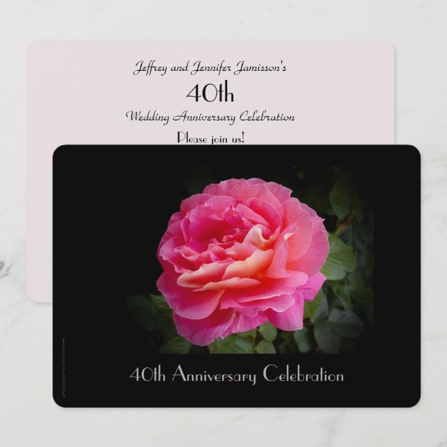 40th Anniversary Celebration Invitation Pink Rose (Front/Back)