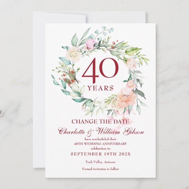 40th Anniversary Change the Date Roses Garland  Invitation (Front)