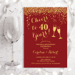 40th Anniversary - Cheers to 40 Years Red Gold Invitation<br><div class="desc">Ruby red 40th wedding anniversary invitation. Cheers to 40 Years! Elegant design in red and gold. Features champagne glasses, script font and confetti. Perfect for a stylish celebration of 40 years of marriage. Printed Zazzle invitations or instant download digital template. Can be customized to show any year! Personalize with your...</div>