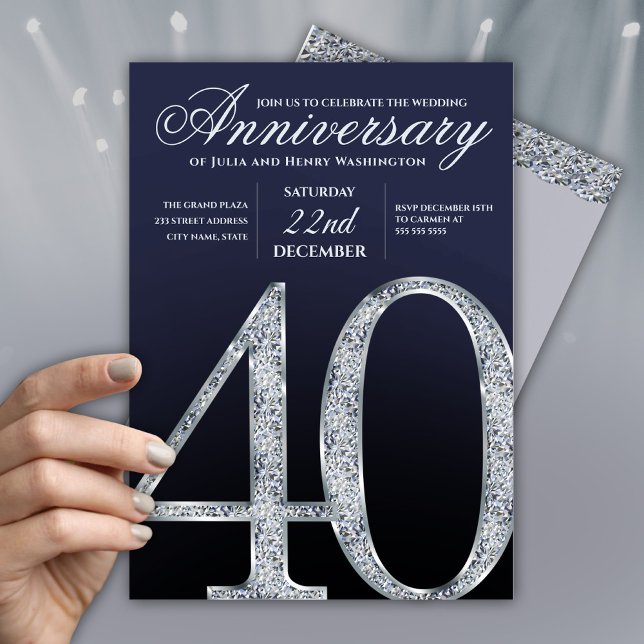 40th Anniversary Diamond Silver Navy Blue Modern Invitation (Creator Uploaded)