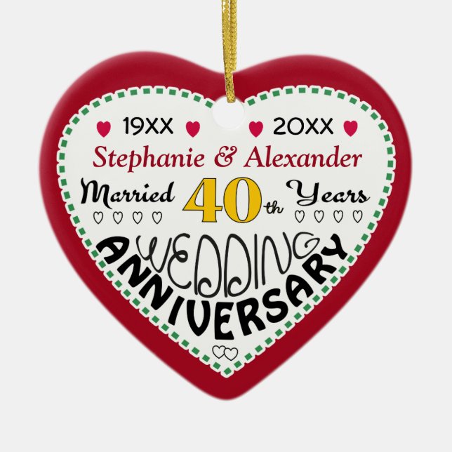 40th Anniversary gift heart shaped Christmas Ceramic Tree Decoration (Front)