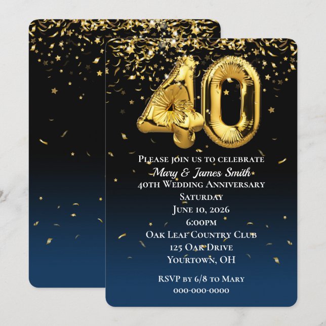 40th Anniversary Gold Balloons Confetti Invitation (Front/Back)