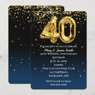 40th Anniversary Gold Balloons Confetti Invitation