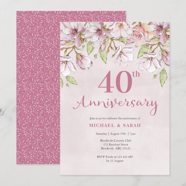 40th Anniversary Invitation Pink Floral (Front/Back)