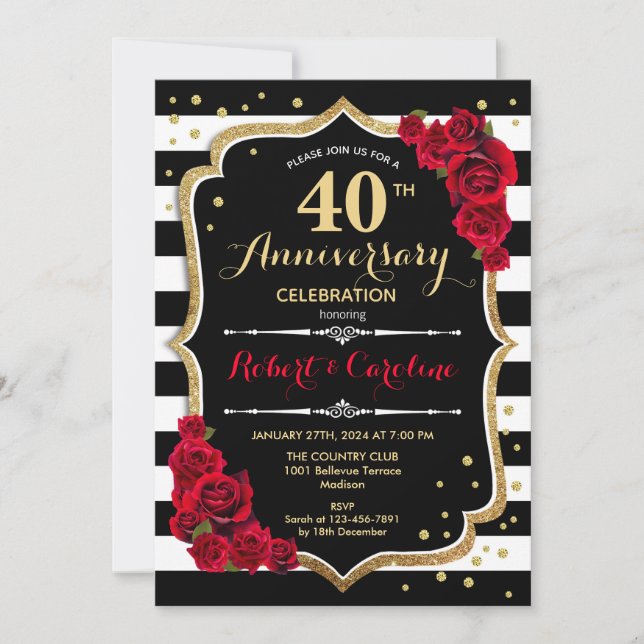 40th Anniversary Invitation - Red Gold Black White (Front)