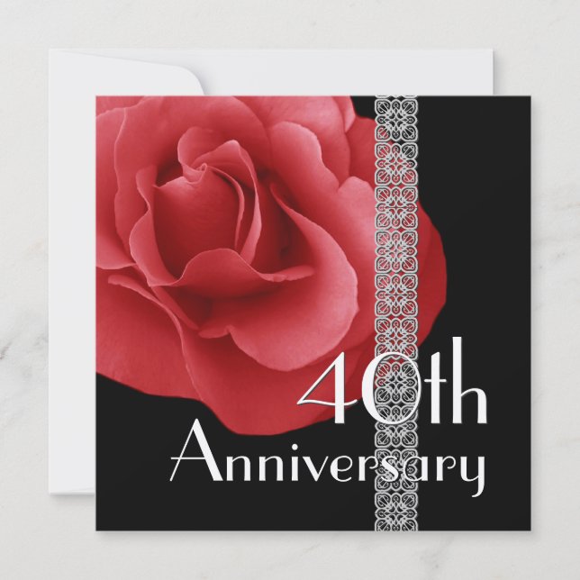 40th Anniversary Invitation - RED Rose Silver Lace (Front)