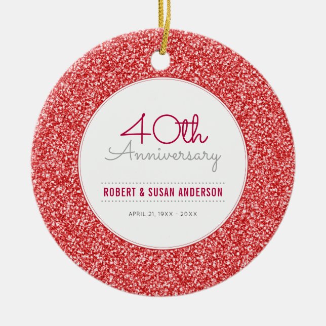 40th Anniversary Keepsake Faux Red Glitter Ceramic Tree Decoration (Front)