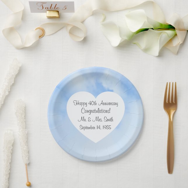 40th Anniversary Light Blue Sky Heart Paper Plate (Wedding)