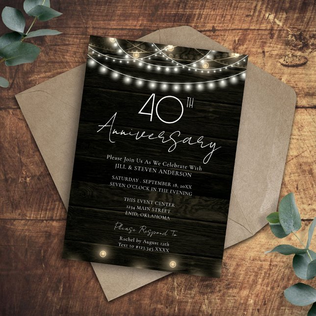 40th Anniversary Party Rustic Wood Lights Invitation (Creator Uploaded)
