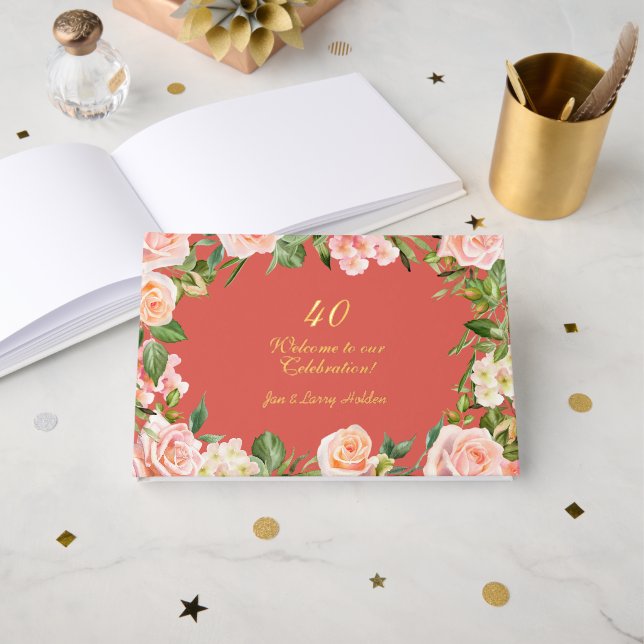40th Anniversary Peachy Roses  Guest Book (Front Open)