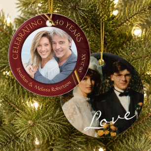 40th Anniversary Photo, Ruby Red and Gold Custom Ceramic Tree Decoration