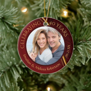 40th Anniversary Photo, Ruby Red and Gold Custom Ceramic Tree Decoration