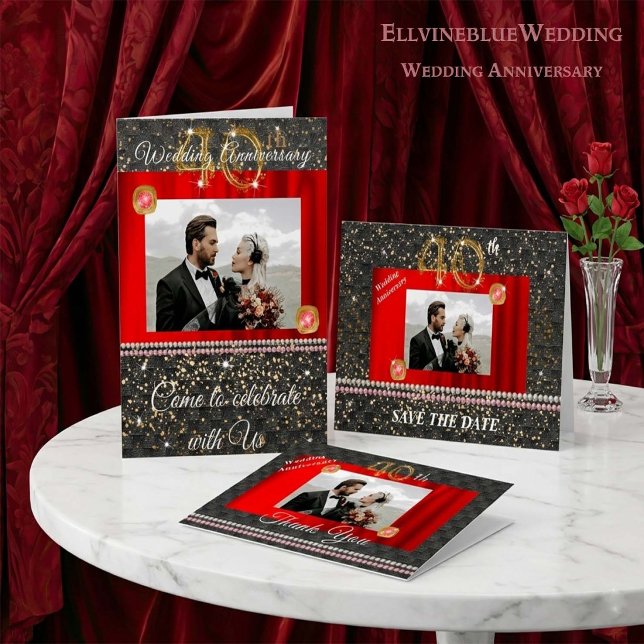 40th Anniversary Photo Thank You |Ruby & Red Silk Card (Creator Uploaded)
