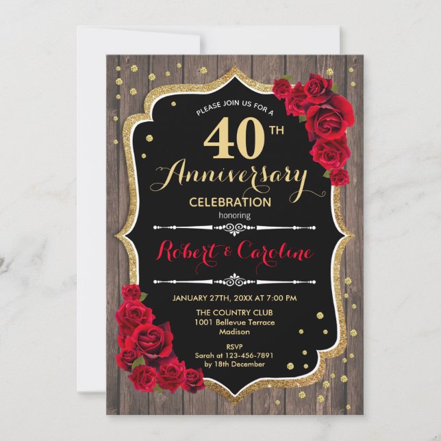 40th Anniversary - Red Gold Wood Invitation (Front)