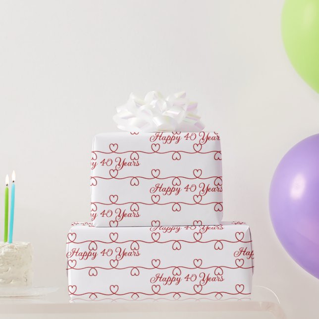 40th Anniversary Red Hearts Wrapping Paper (Party Gifts)
